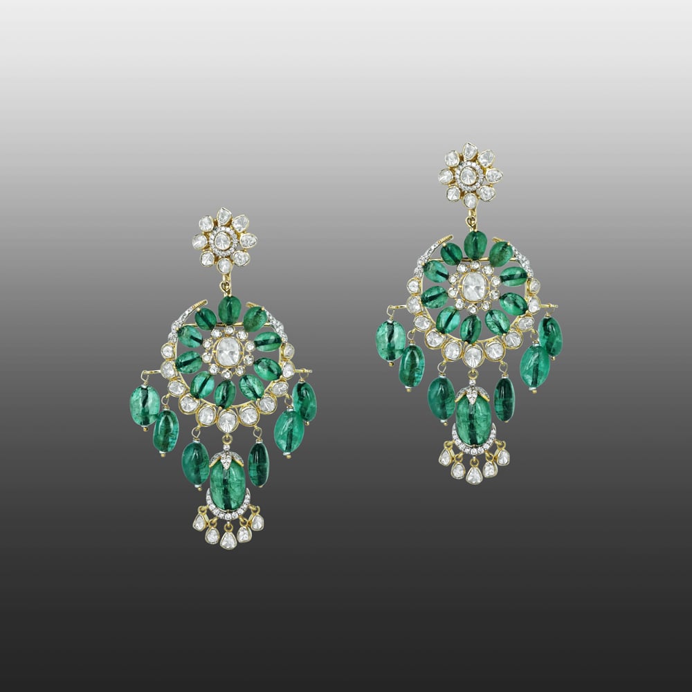 Chandelier Polki Earrings with Emerald Tumble and Floral Motif